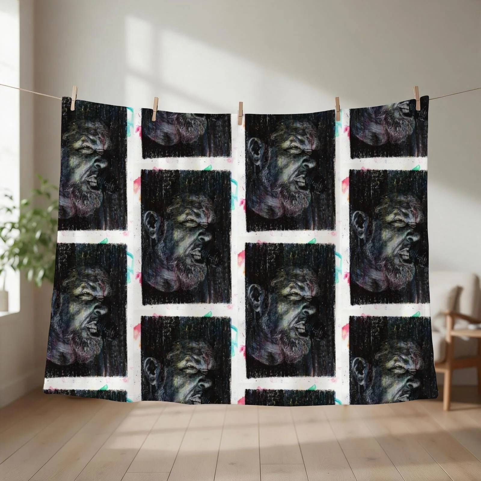 James Hetfield - Hand Drawn Oil and Ink Portrait Throw Blanket couch cozy soft plush fuzzy picnic outdoor blanket