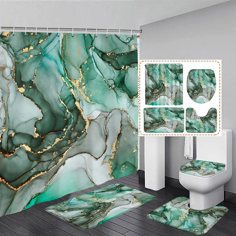 Abstract Marble Shower Curtain Set Blue Green Black Print Modern Geometric Bathroom Decor Non Slip Rug Bath Mat Toilet Lid Cover