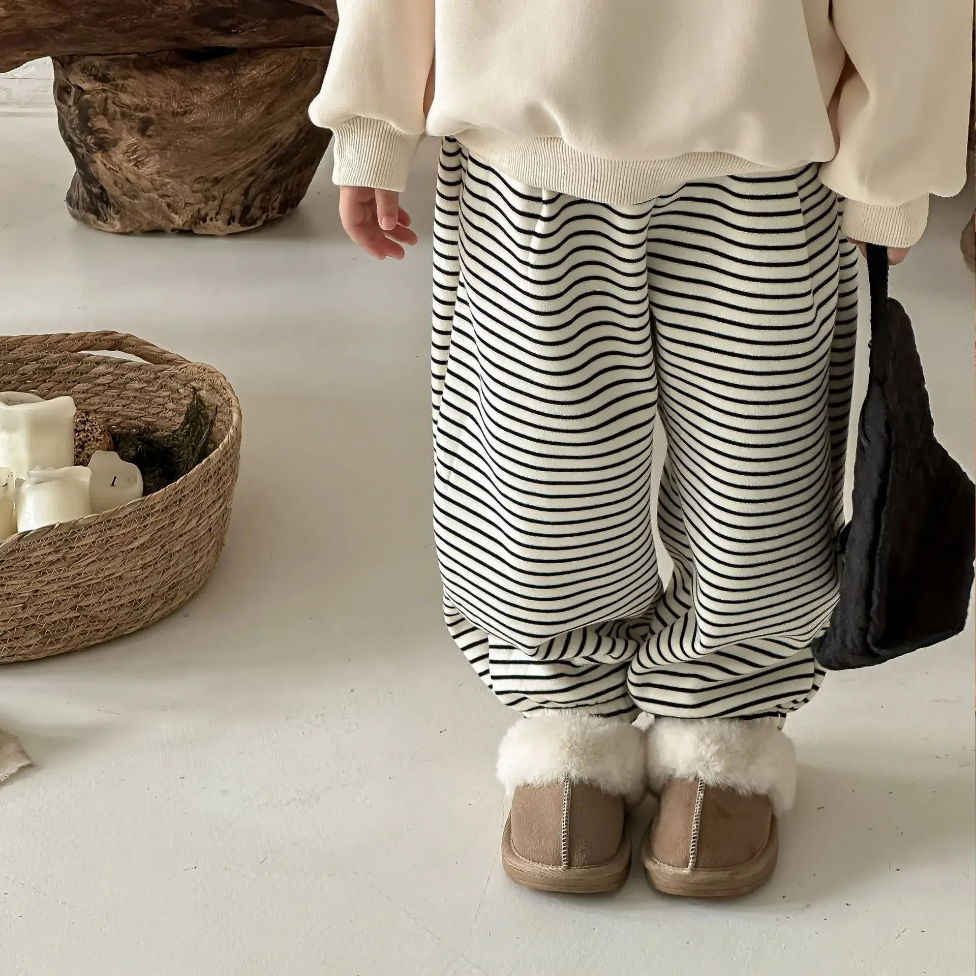 Sweatpants Girls Stripe Plush Winter Korean Children Clothing Motion Knitted Boys Girls Causal Loose Simple Warm