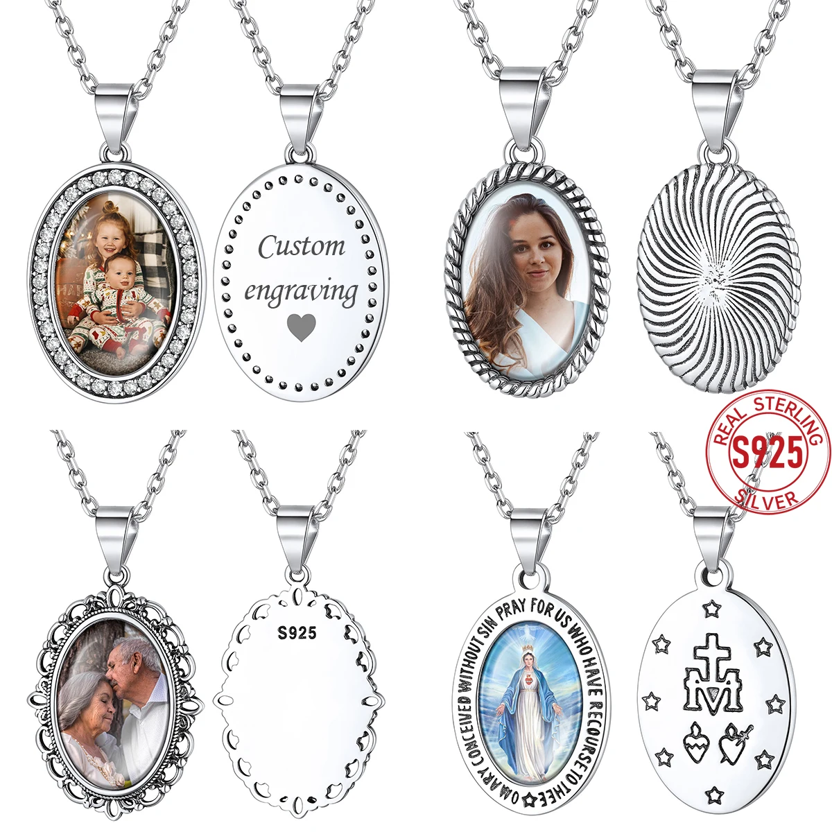 

U7 925 Silver Custom Oval Photo Pendant Necklace for Women CZ Halo Virgin MaryPattern Family Pictures Personalized Jewelry Gift