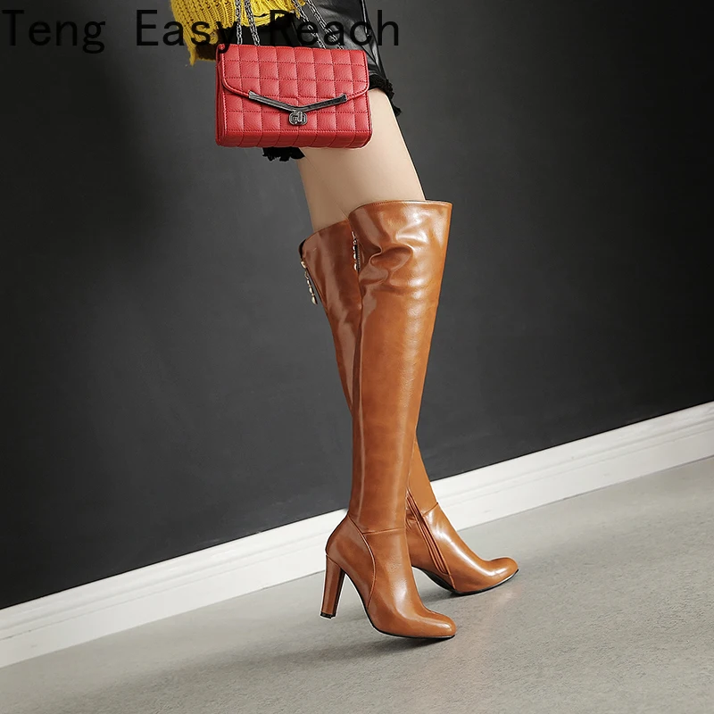 Round Head Ultra High Profile Square Heel Thick Plush Lining Winter Long Boots With Pearl Zipper Women's Over The Knee Boots