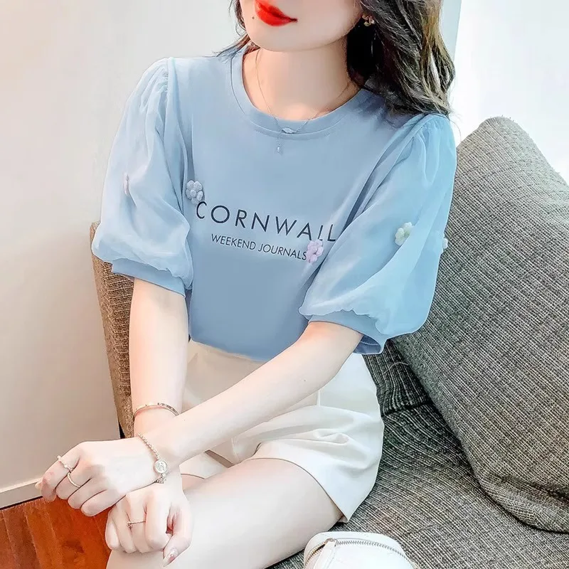 

Short Sleeve Women's Bubble Sleeve T-Shirt Design Sensation Small Fashionable Beautiful Top Korean Style Cotton Summer Fashion