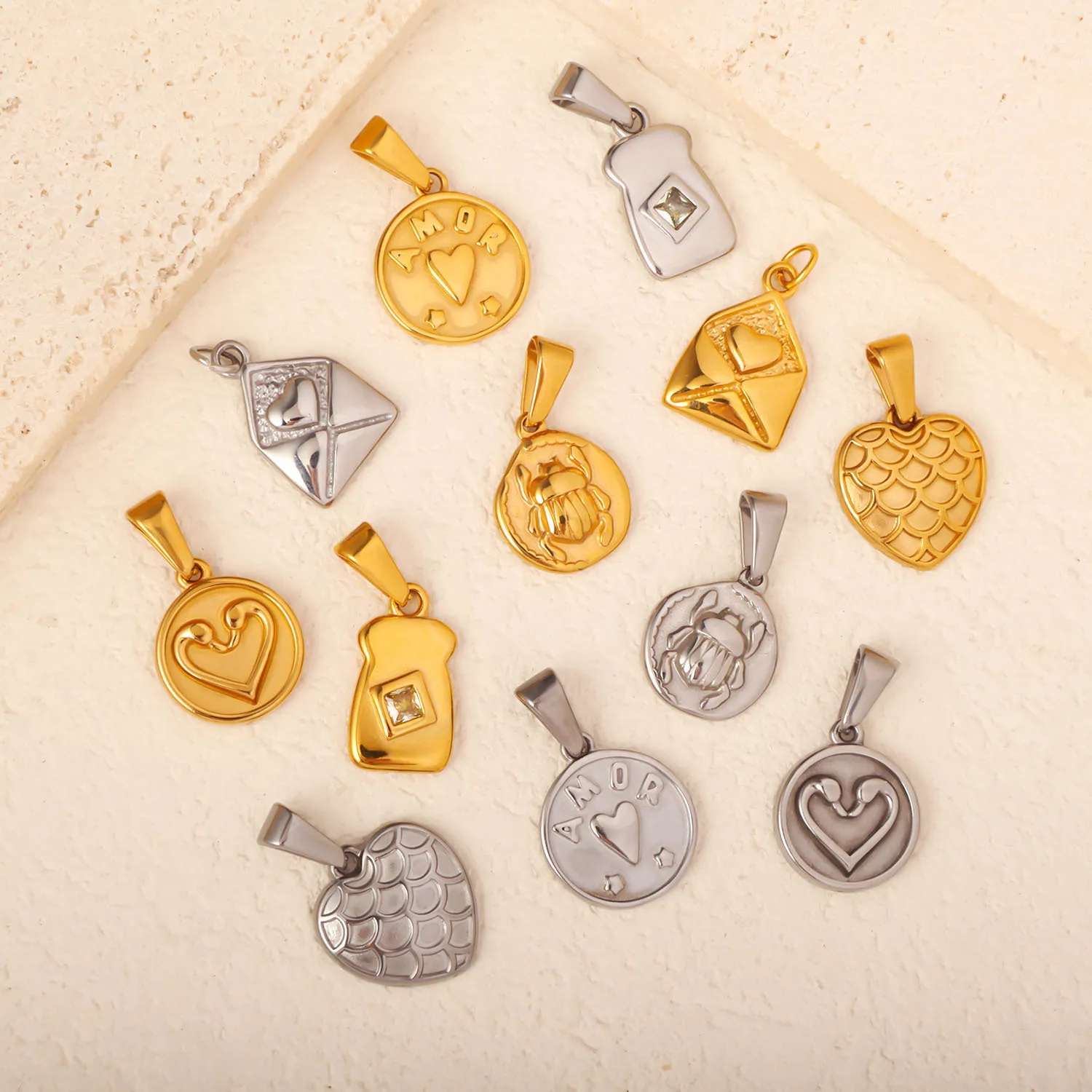 10Pcs Vintage Envelope Beetle Heart Pendants Unisex Stainless Steel Jewelry Accessories