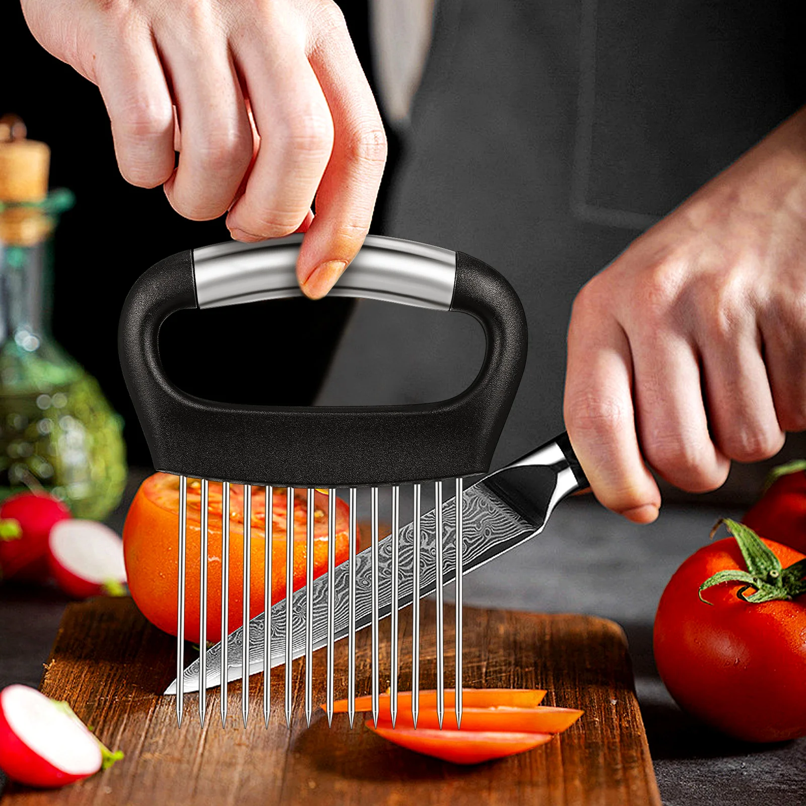 

3pcs Onion Fork Stainless Steel Slicing Guide For Uniform Slices Nonslip Handle Kitchen Tool Vegetable Holder For Cutting