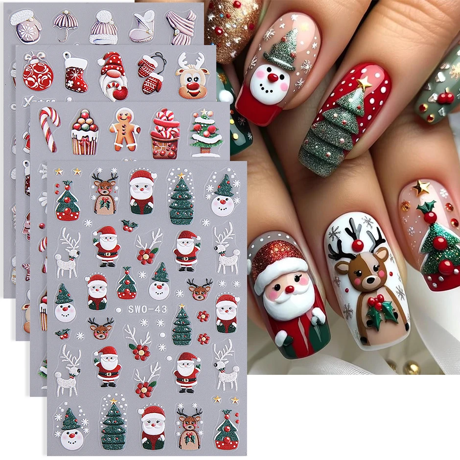 2/4pcs Christmas Cartoon Nail Stickers Santa Claus Snowman Reindeer Gingerbread Adhesive Slider Glove Nail Decals Manicure Decor