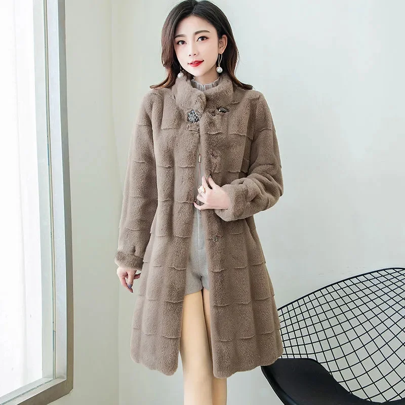 New Autumn Winter Jacket Imitation Mink Coat New Fashion Solid Color Medium Length Imitation Fur Coat Loose Female Outerwear 5XL