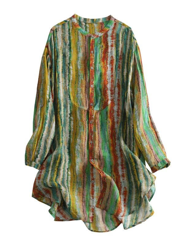 캐주얼 코튼 린넨 큰 사이즈 여성용 중간 길이 싱글 버튼 스탠드 칼라 롱 슬리브 오픈 가디건 탑 컬러 블록...