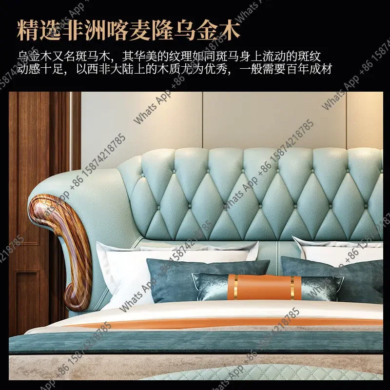

X25 New Chinese Ebony Leather Bed First Layer Cowhide Villa Bedroom Furniture High-end European Style Solid Wood Bed