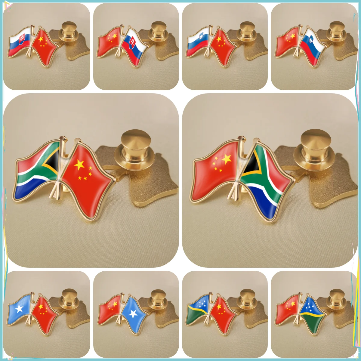 China and Slovakia Slovenia Solomon Islands Somalia South Africa Crossed Double Friendship Flags Lapel Pins Brooch Badges