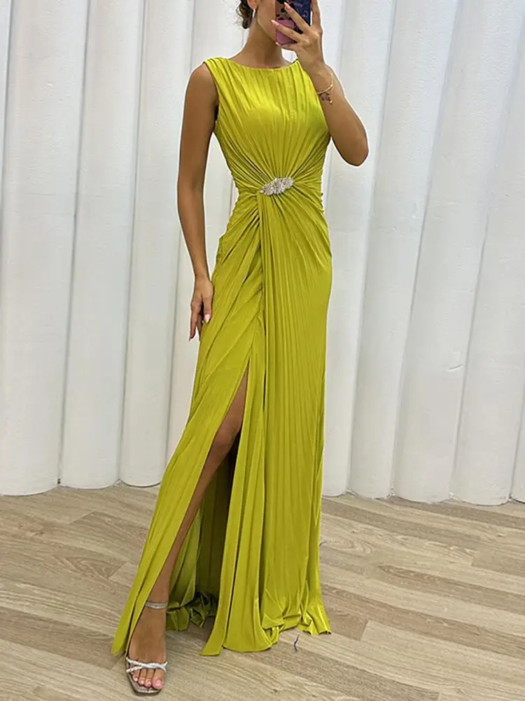 

Uoozee 2024 New Arrivals Women Fashion Elegant Prom Gown Summer Sleeveless Solid Color Round-Neck Pleated Party A-Line Dresses