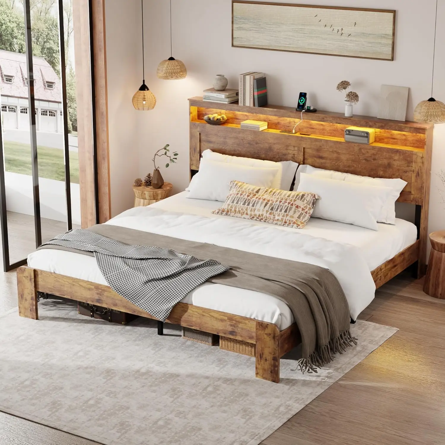 Base de Cama King Size de Madera con Luces LED, Estación de Carga USB, Láminas Metálicas, Plataforma Silenciosa, Color Marrón, Personalizable