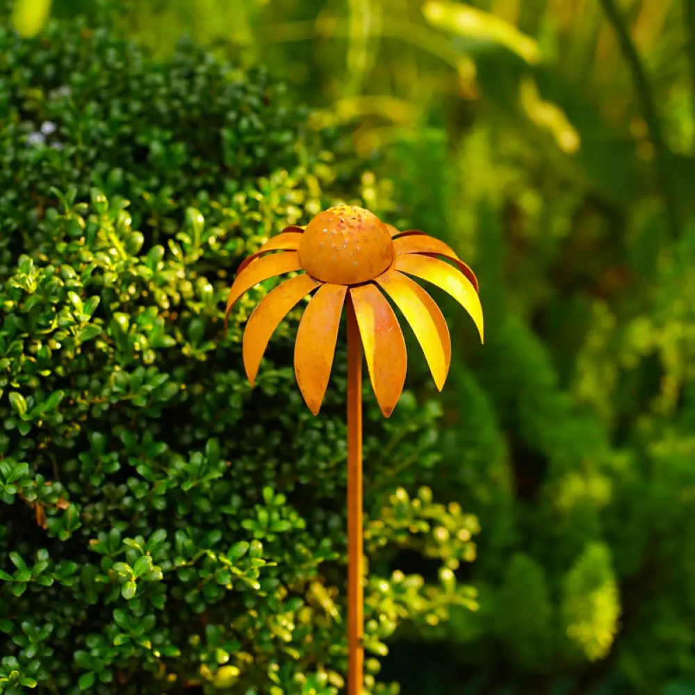 Rustic Echinacea Flower Garden Stake Metal Yard Art Decoration Lawn Ornament Outdoor Plant Sculpture Decorative Insert