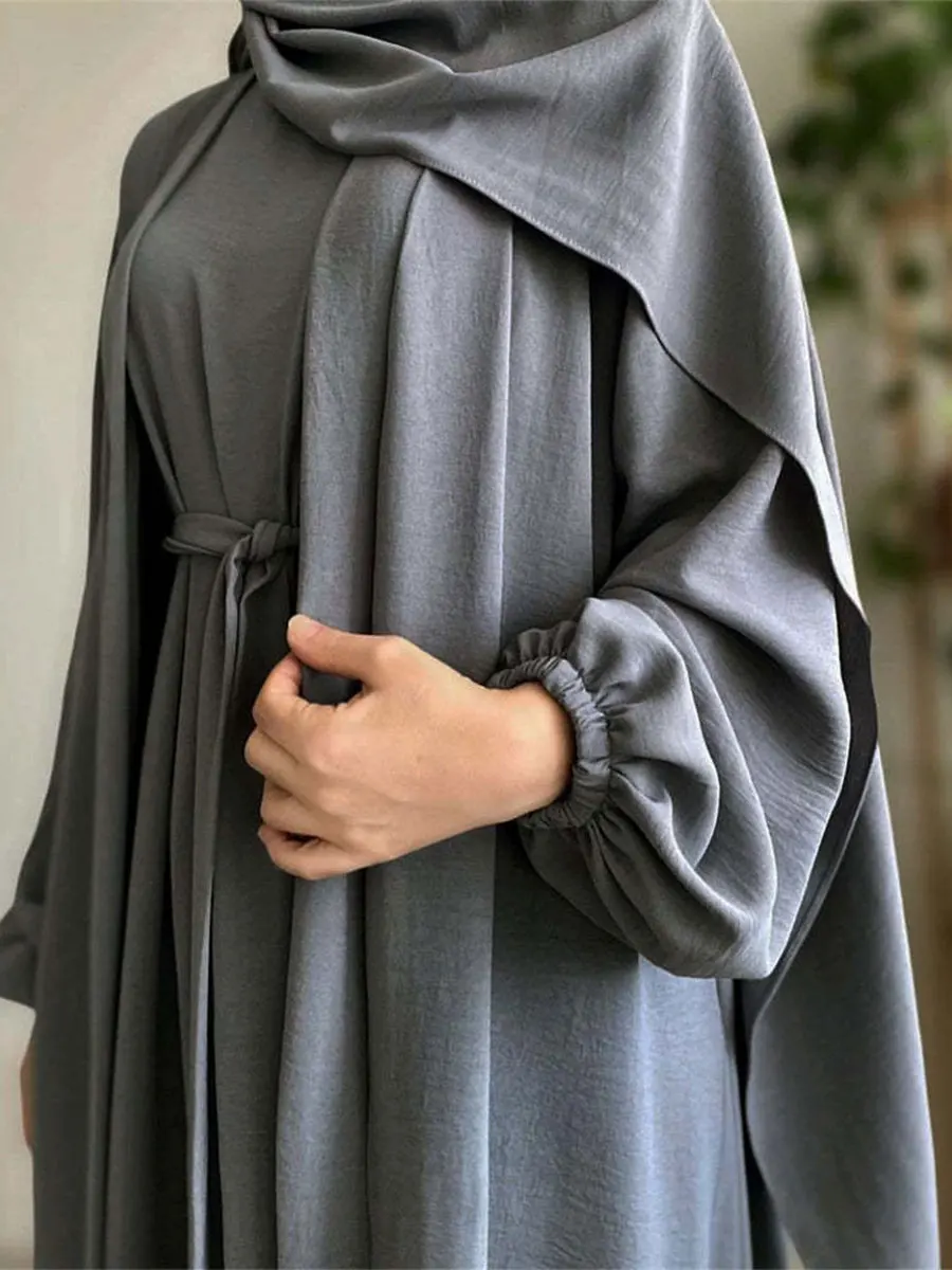 Solid Dubai Abaya Two-Piece Set For Muslim Woman Bundled Sleeve Casual Loose Turkish Kaftan With Belt Saudi Islamic Kebaya 2024