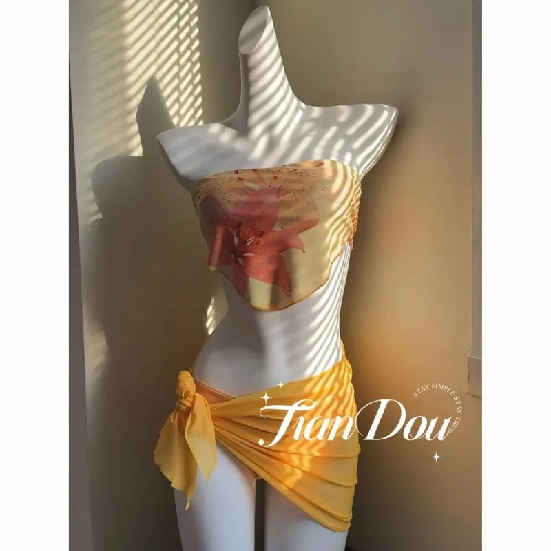 

Women's Yellow Lily Print Sarong Wrap Beach Cover Swim Skirt