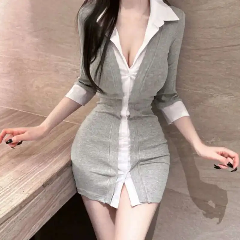 Korean  Color Block Slim Fit Sexy Sweet Girl Shoulder Cushion Fake Two Piece Single Breasted Half Sleeve Hip Wrapped Dress ZOCF