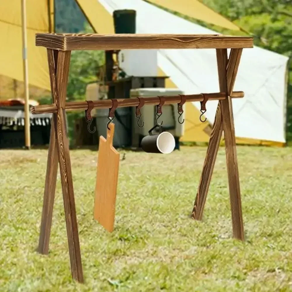 

Outdoor Camping Pot Rack With 5 Hooks Solid Wood Folding Storage Tripod Self Driving Outdoor Folding Camping Table A