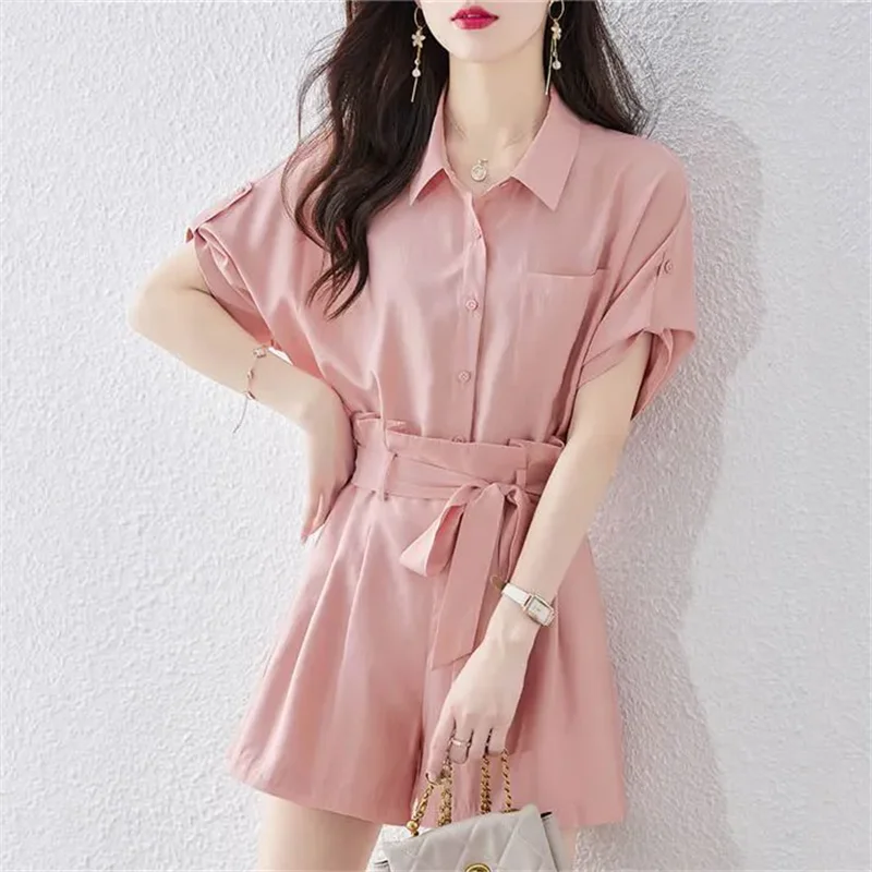 Summer Wide-Leg Shorts Suit Women 2024 New Fashion Loose Casual Suit Tops Frenulum Pure Colour Blouse Two-Piece Suit Female