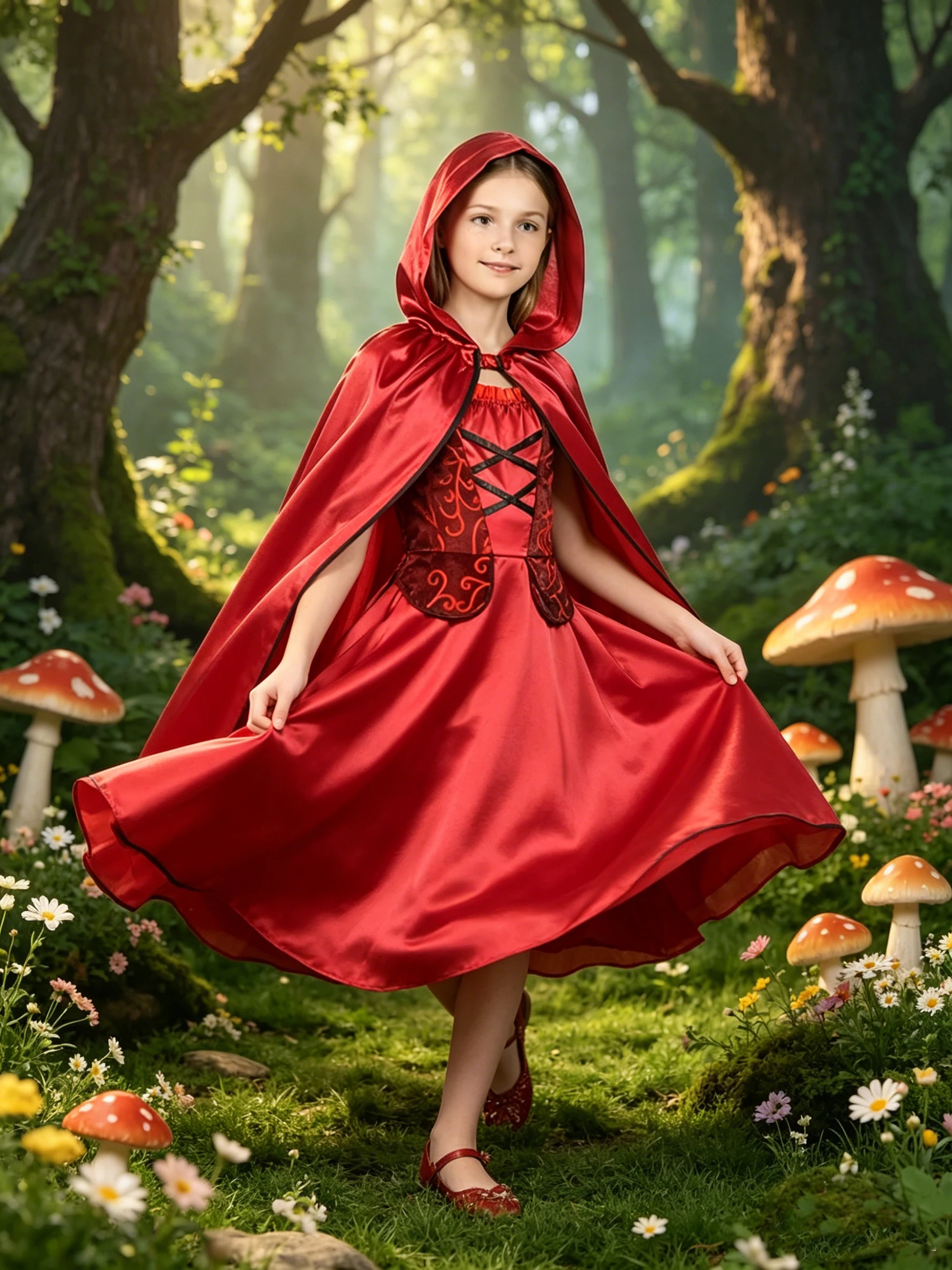 Conjunto de 2 piezas de Caperucita Roja para niñas, capa de satén roja con capucha + conjunto de vestido para cosplay de Halloween