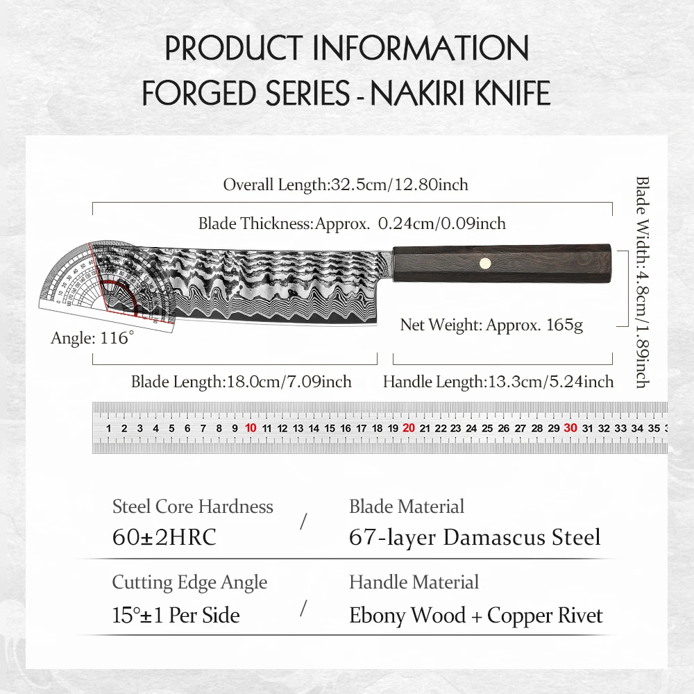 HEZHEN 7.1 Inch Nakiri Knife 67‑Layer10Cr15CoMoV Damascus Steel Hand‑Hammered Blade Ebony Octagonal Handle Forged Kiechen Knife
