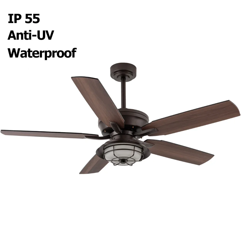 IP55 Outdoor Waterproof Wet Rated Anti UV 2 Wires Power Saving Electric DC Motor Retro Gardens Ceiling Fan With Light