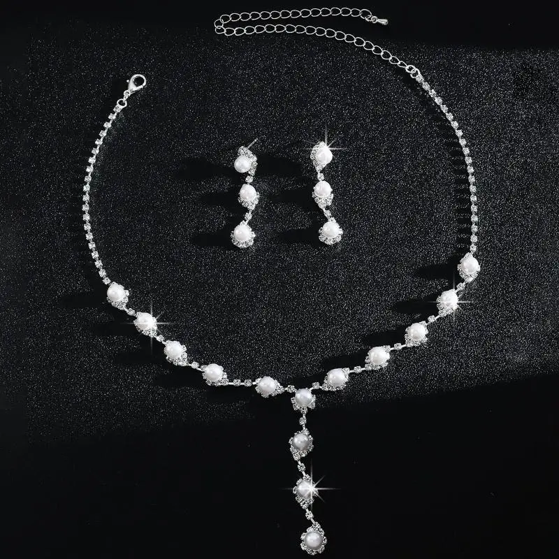 1Set Women Necklace Faux Pearls Rhinestone Embedded Wave Shape Choker Bridal Necklace Stud Earrings Kit Women Wedding Jewelry