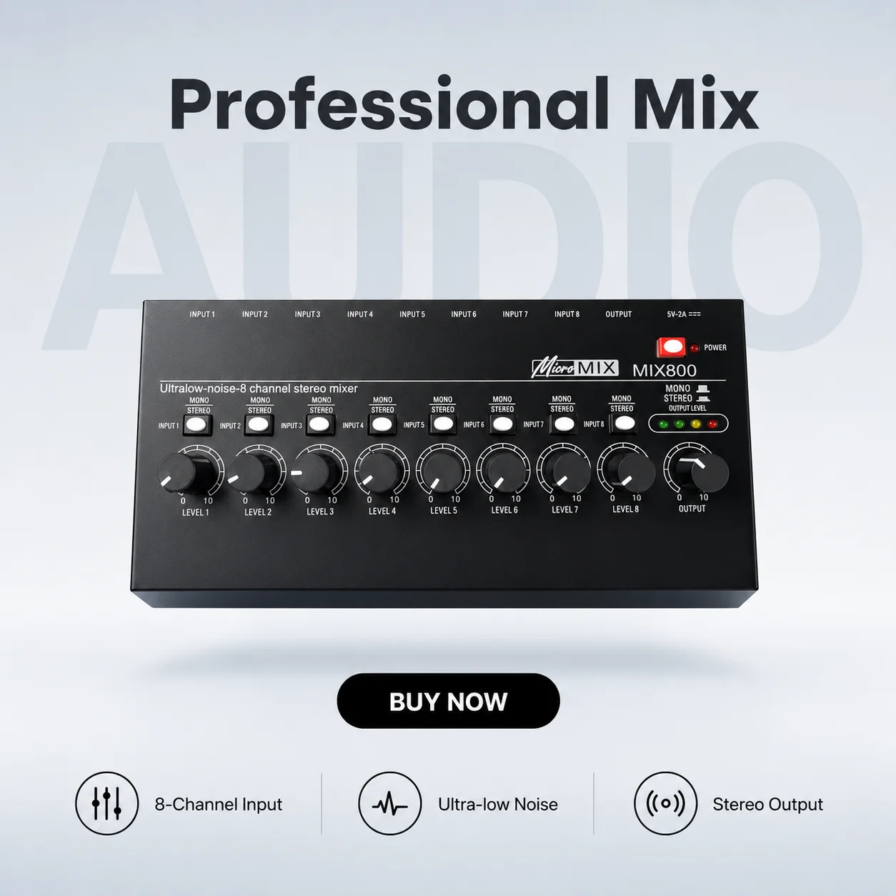 

MIX800 8 Channel Mini Audio Mixer Ultra Low Noise Stereo Mixing Console for Live Streaming Recording KTV Instrument USB Powered