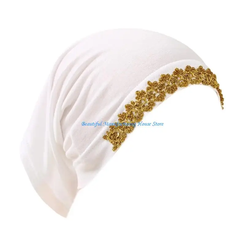E56A Muslims Color Soft Turban Hat Lace Flower Trim Quick Wear Hijab For Women