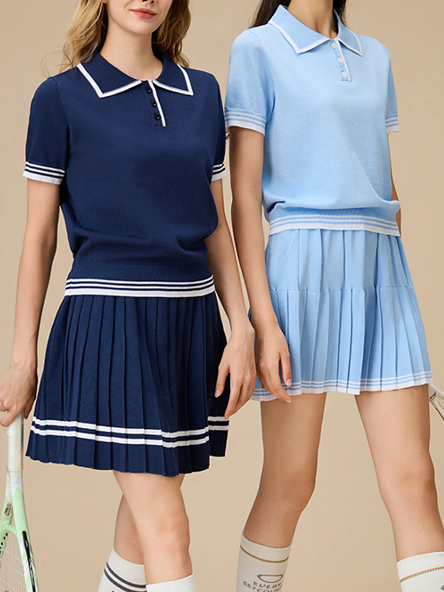 #S-L Women Striped Hem Knitted Outfit Button Turn-down Collar Short Sleeve Pleated Skirt for Golf Tennis Sports Fitness Workout