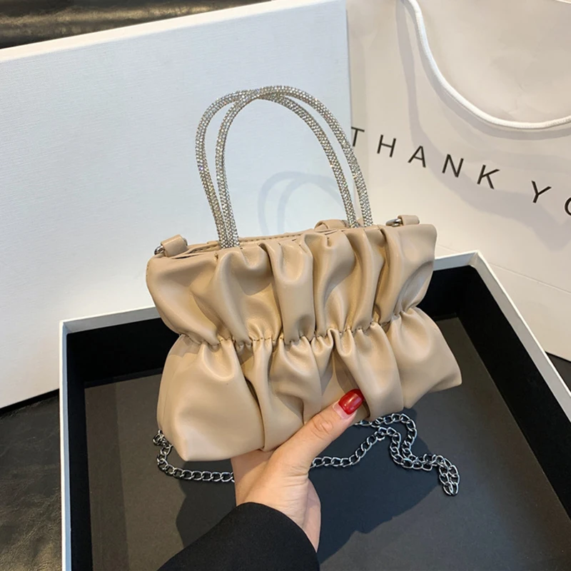 Fashion Pleated Handlebags for Women Leisure Armpit Bag PU Leather Women Designer Handbag Chain Shopping Shoulder Messenger Bag