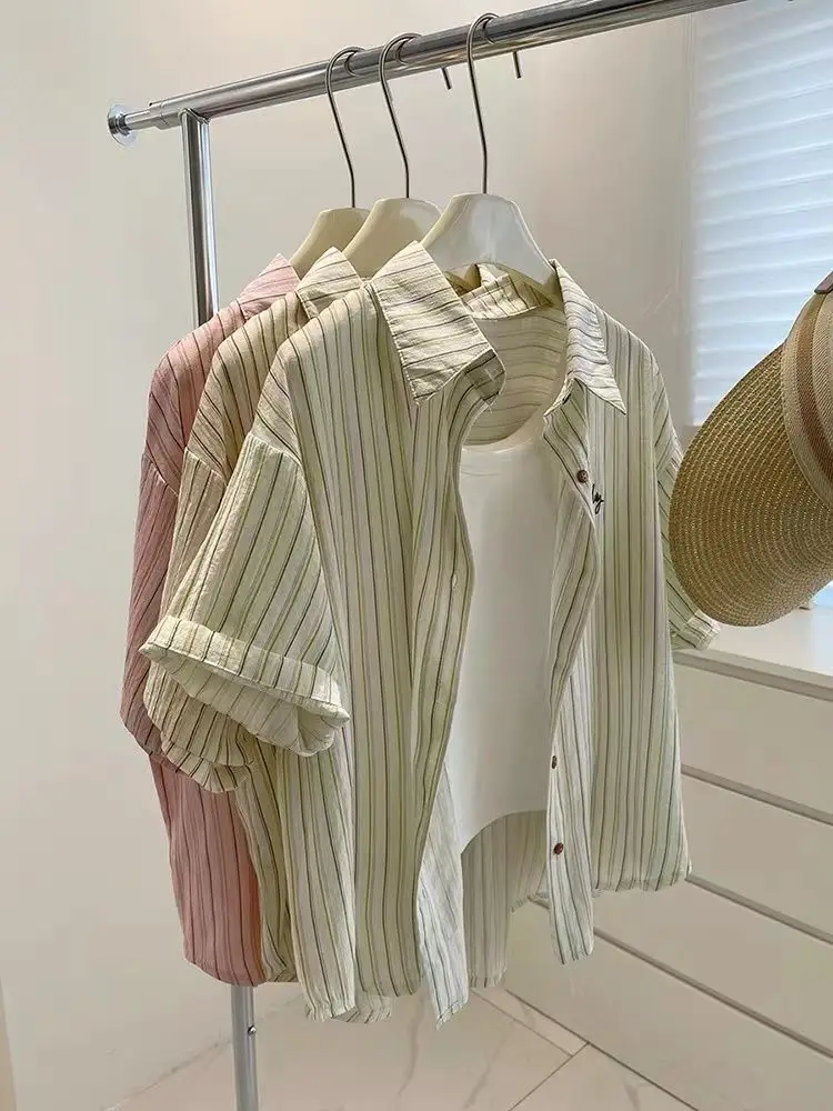 

Summer Stripe ort Sve irt ex Open Cardigan Top Casual Loose Fit Teen Faion Basic Pattern Collar Regular Length