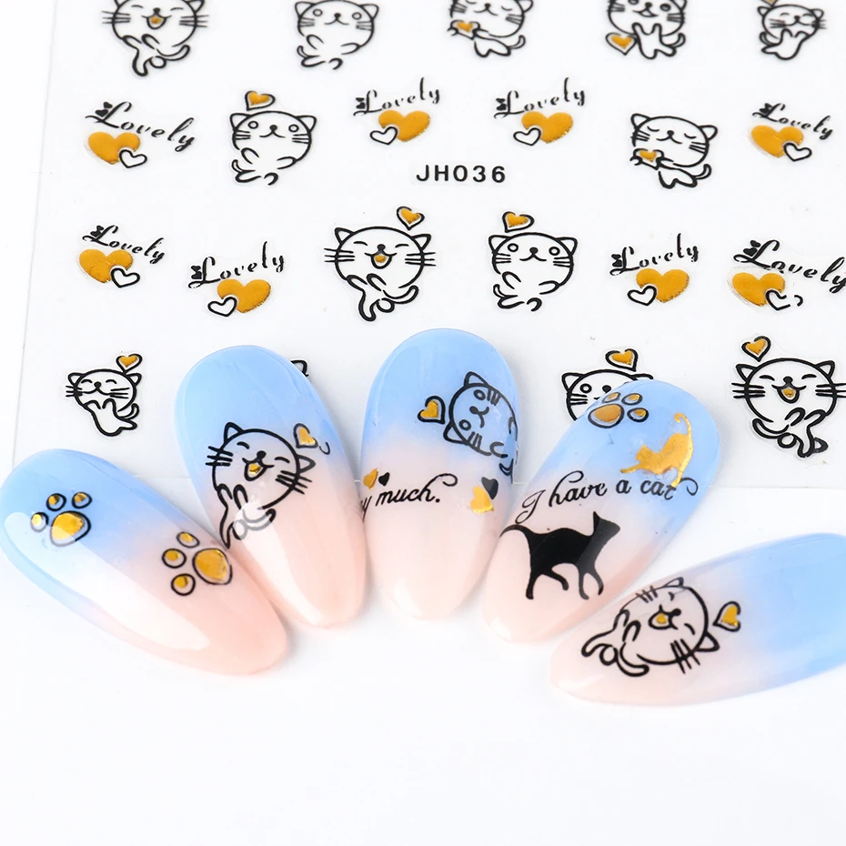 12pcs Mixed Black Gold Cat 3D Stickers for Nails Butterfly Cartoon Slider Decals Manicure Nail Art Decor Accessories GLJH025-36