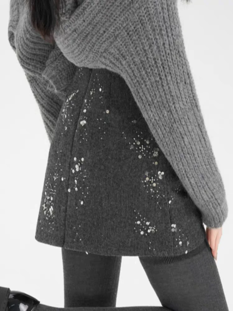 Women's 2026 Spring Sequins Tweed Skirt - High Waist A-Line Mini Skirt, Fashionable Slim Fit Elegant Party Wear