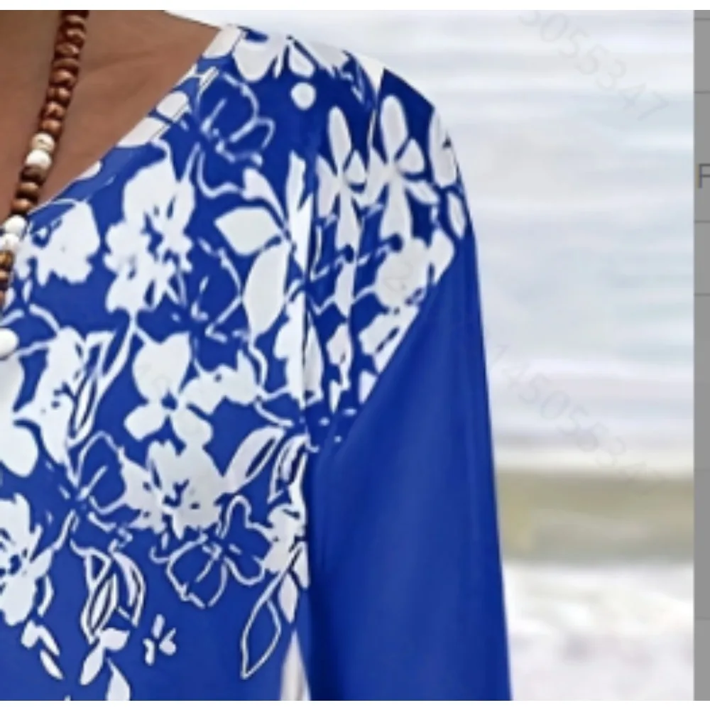 حجم كبير 1XL-5XL المرأة الأزهار طباعة ثلاثة أرباع كم أعلى السيدات عادية س الرقبة تي شيرت فضفاض القمم