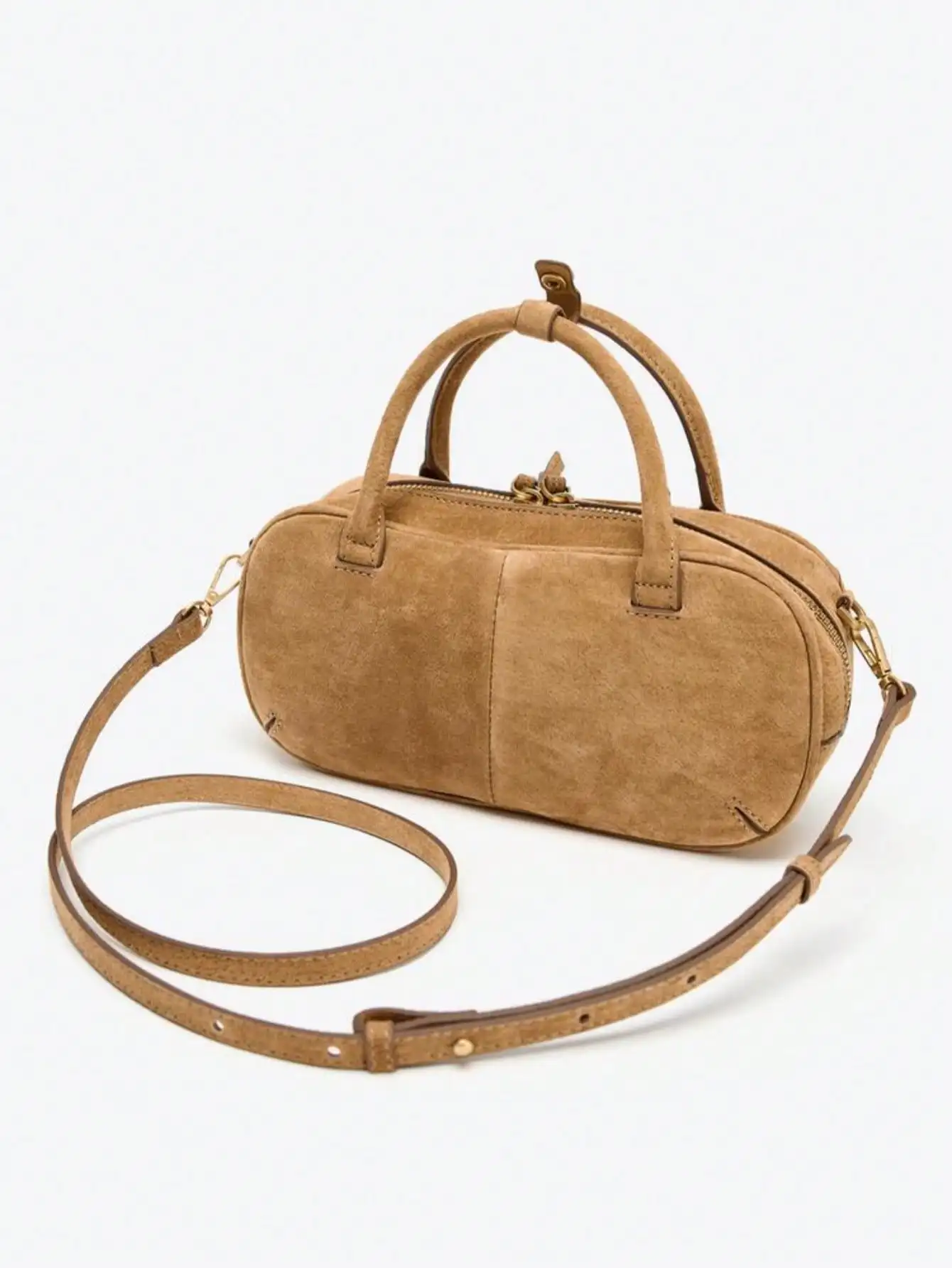 Tas Boston wanita kecil dengan dua pegangan, bahan suede, warna camel, model baru musim gugur-dingin 2025, dilengkapi tali selempang.