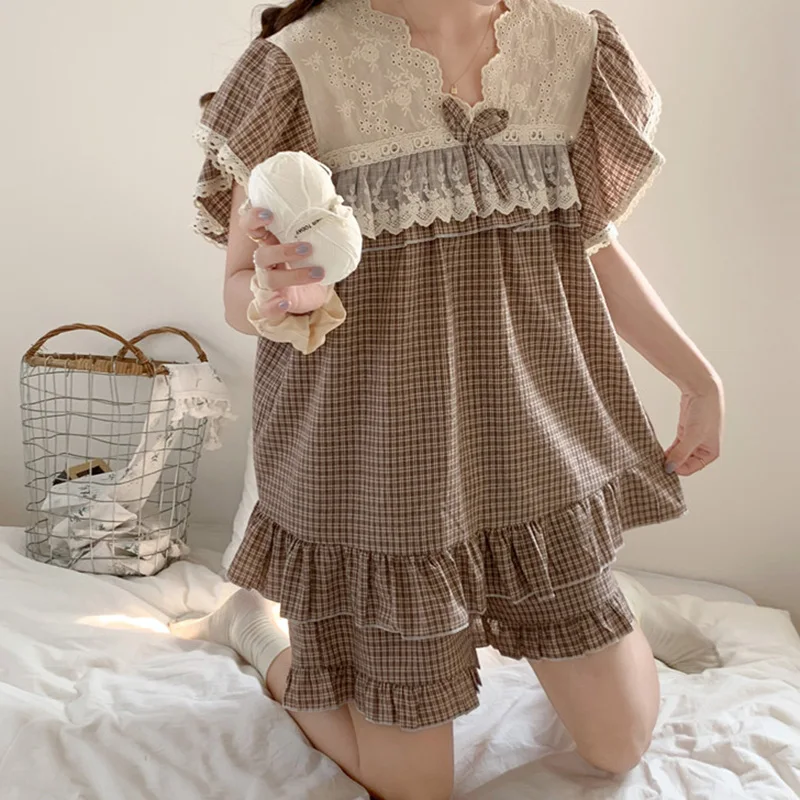 2026 Korean Print Heavy Industry Lace Embroidery Princess Style Night Wear Home Wear Top and Shorts Pajama Set