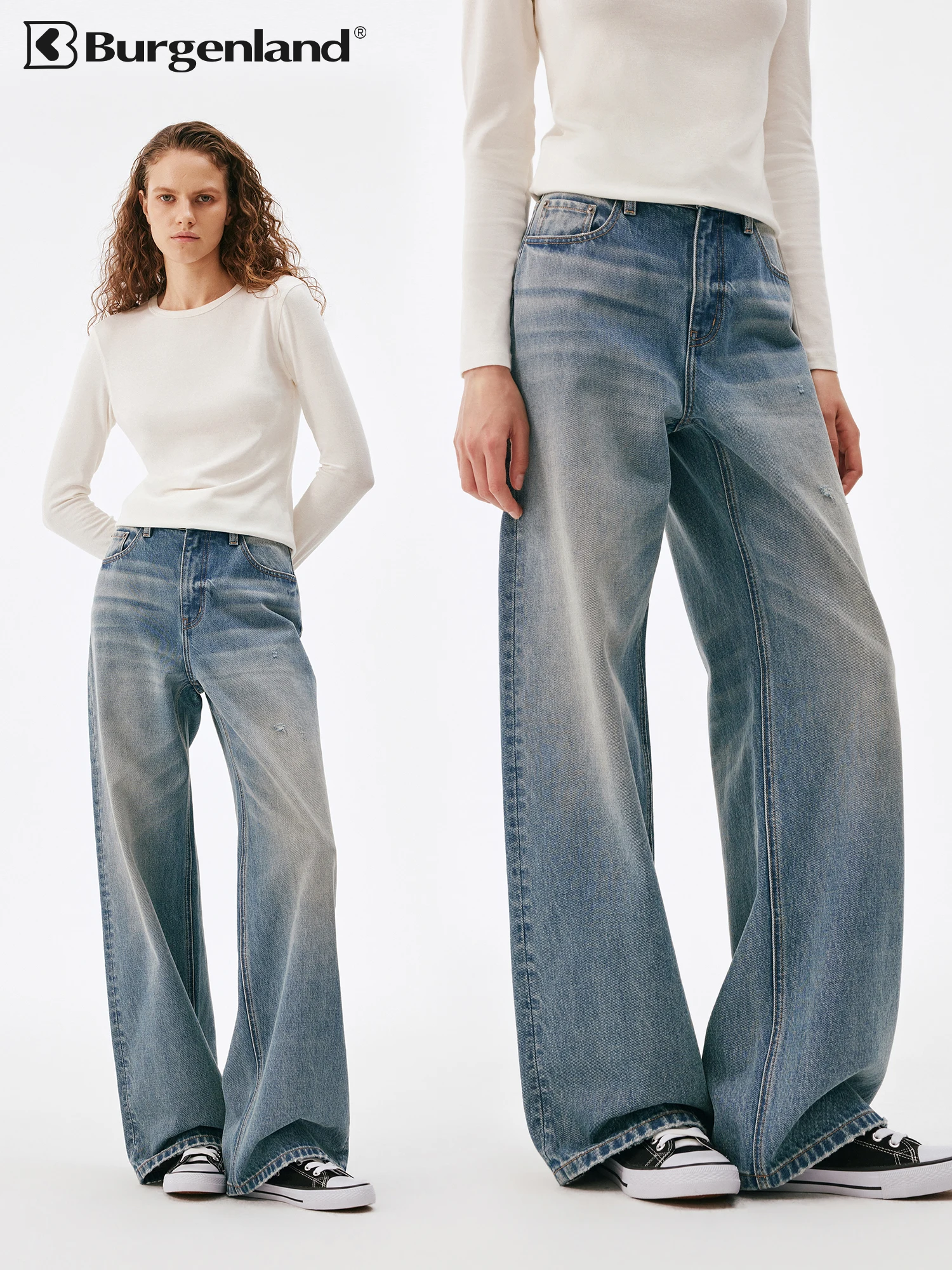 Retro Washed Cotton Denim Pants Women Loose Straight Leg  Wide Leg Pants Micro Flared Long Jeans Casual Style