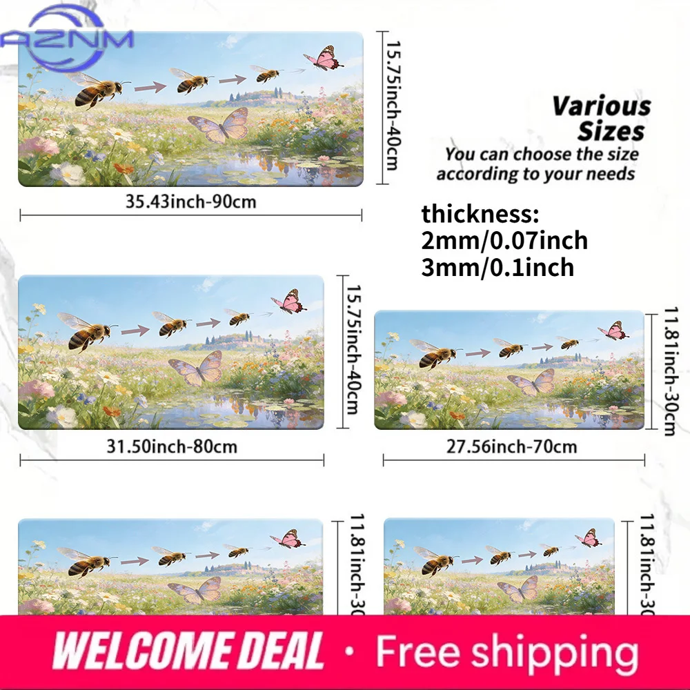 Large Gaming Mouse Pad Wildflower Meadow Lake Bee Butterfly Arrow Landscape Design Non-Slip Rubber Washable Desk Playmat