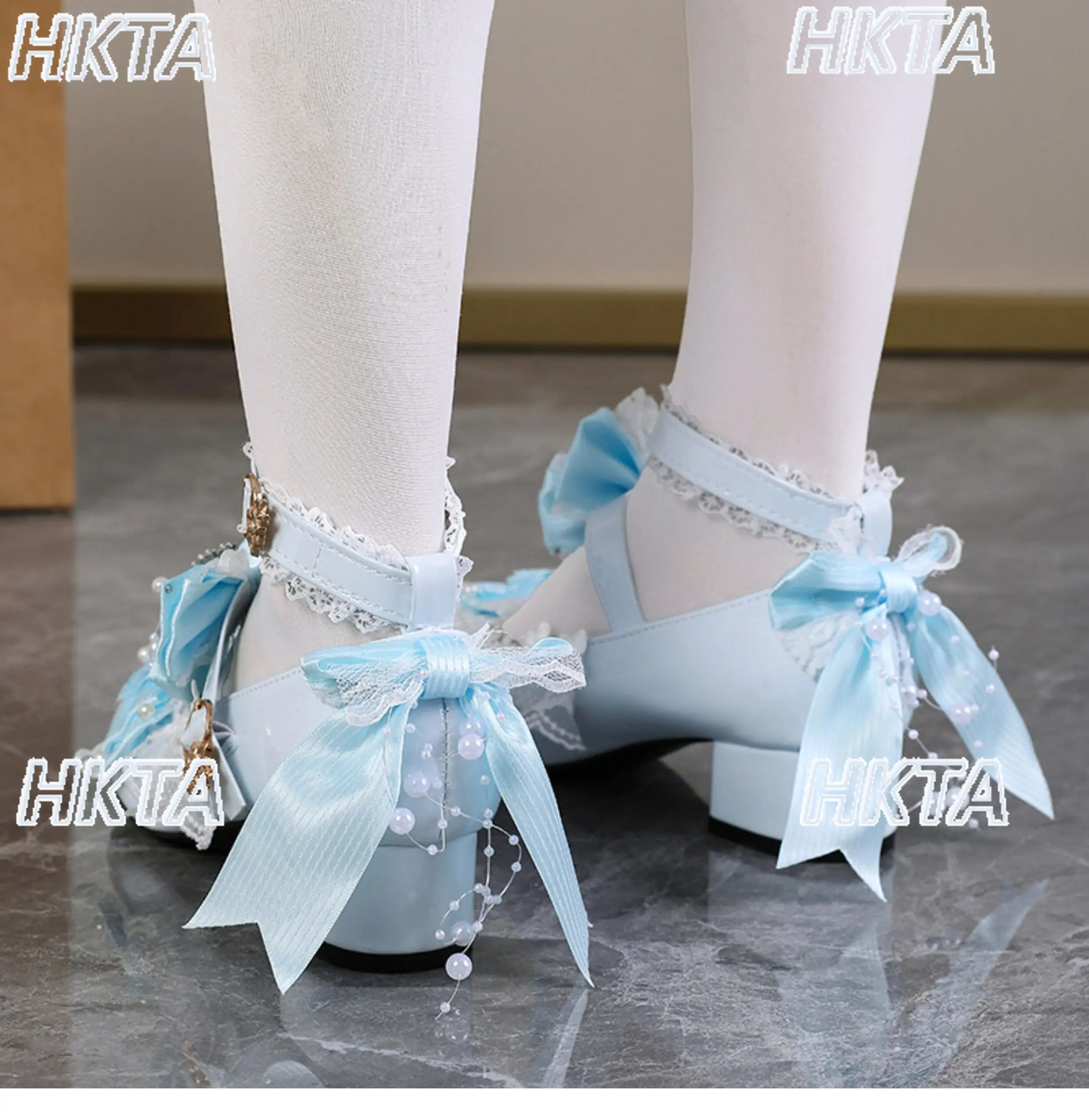 Japanese Elegant Lolita Mid Heel Pumps Pearl Lace Bow Rhinestone Summer Fashion Sweet Lolita Shoes Cute Kawaii White Shoes Women - view 4