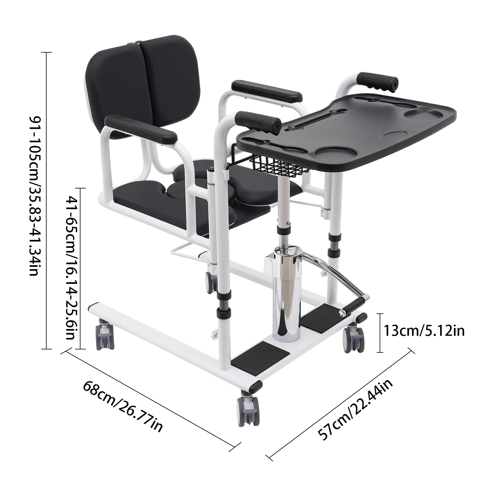 Picture 5: NEW Hydraulic Transfer Chair, Height Adjustable w/Table Tray,Lockable Wheels and 180° Split Seat, Shower Chair for Elderly Black