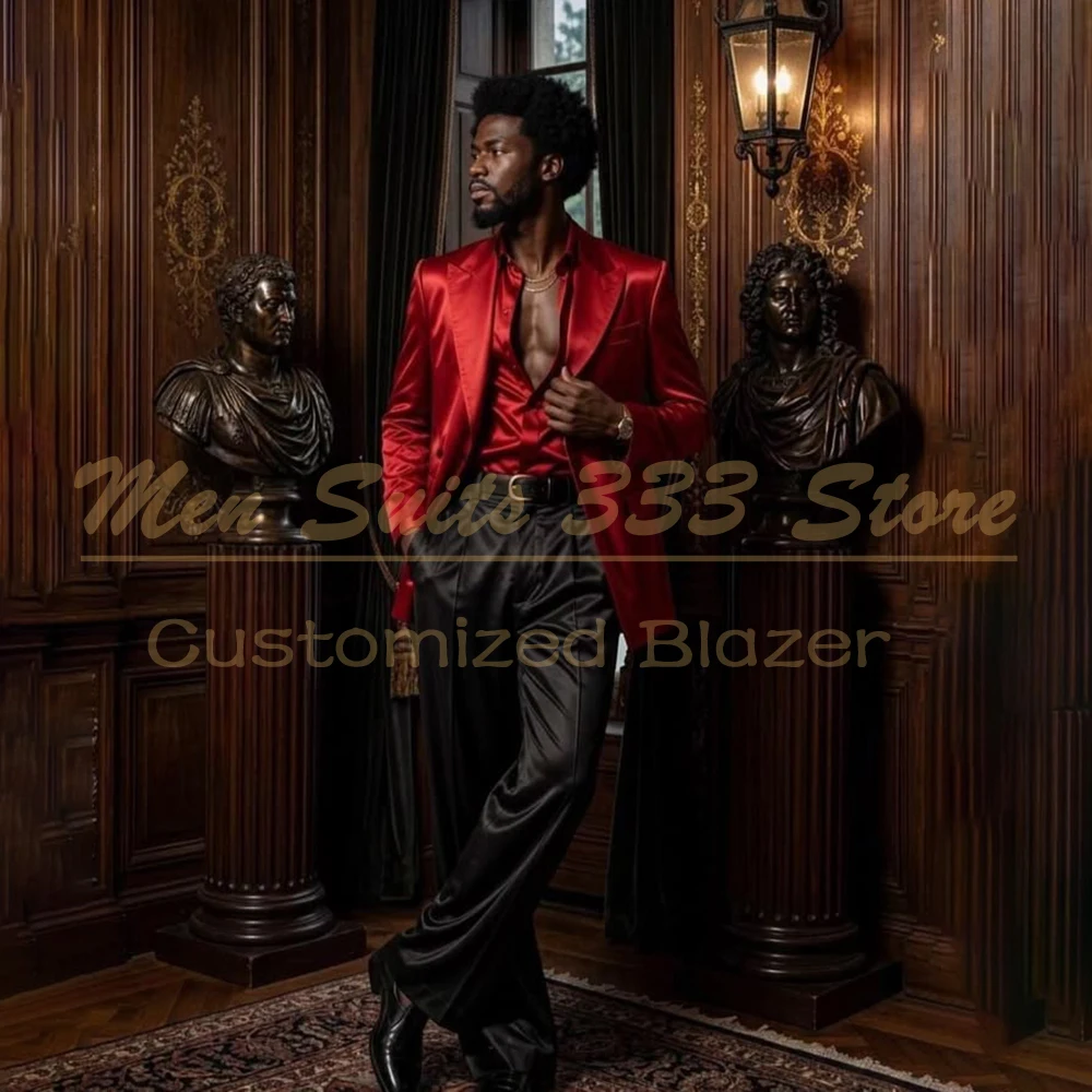 

Men Shiny Red Satin Blazer Black Wide Leg Pants 2 Pieces Suit Set Luxury Wedding Party Prom Formal Tuxedo Custom Mens Outfits