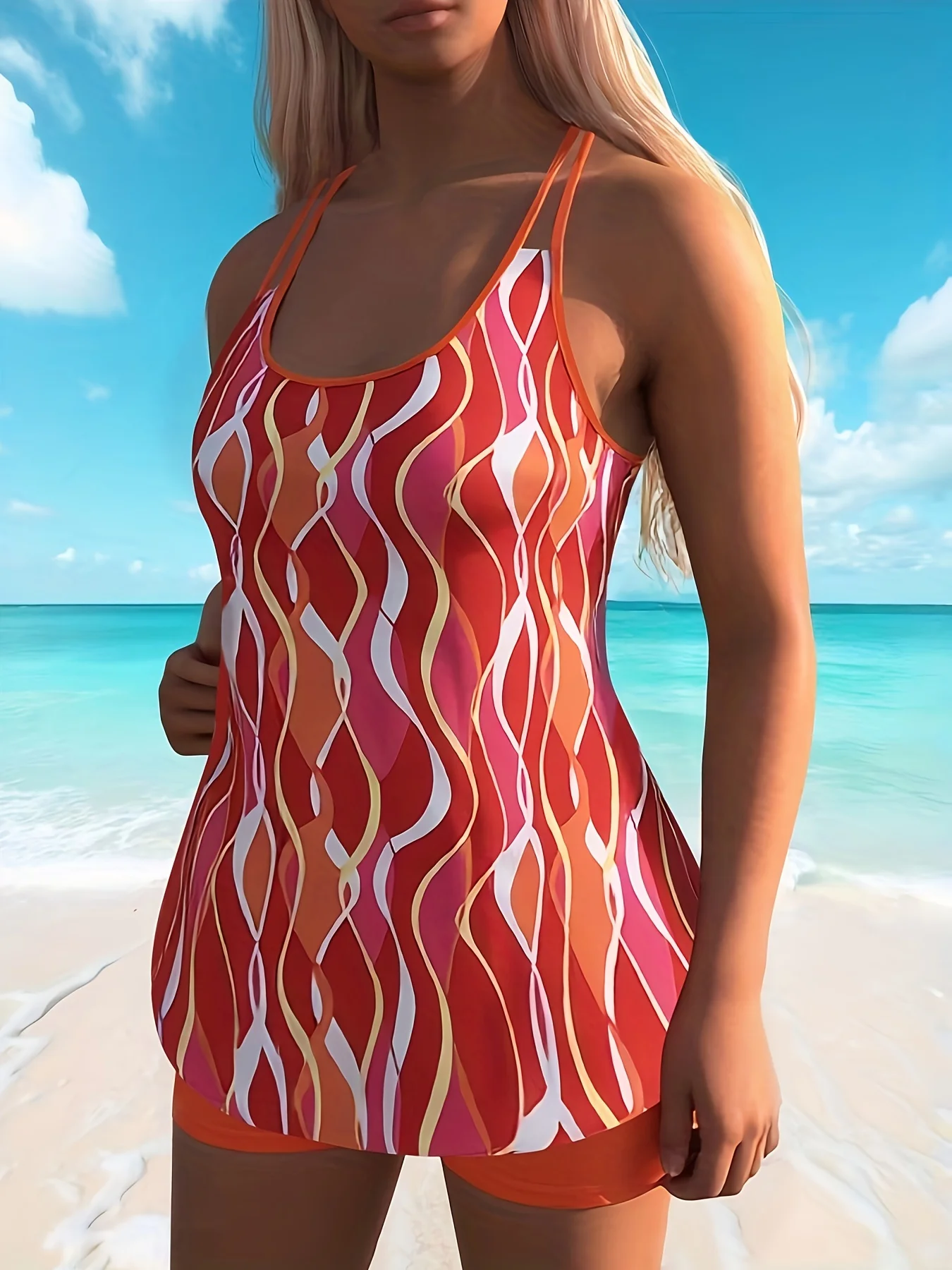 

2026 Новый комплект танкини с волнистым принтом красного и оранжевого цвета — топ с двойными бретелями, оранжевый короткий низ, шикарные пляжные купальники