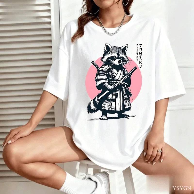 Fight Me Coward Vintage Samurai Raccoon T Shirt Japanese Cat Funny Graphic T-shirt Short Sleeve O Neck Tees Women Clothing Y2K