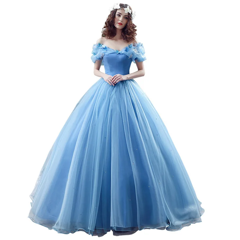 New Vestidos Blue Quinceanera Dress With Trian Elegant Off Shoulder Ball Gown Party Dress Plus Size Prom Gown Sweet butterfly