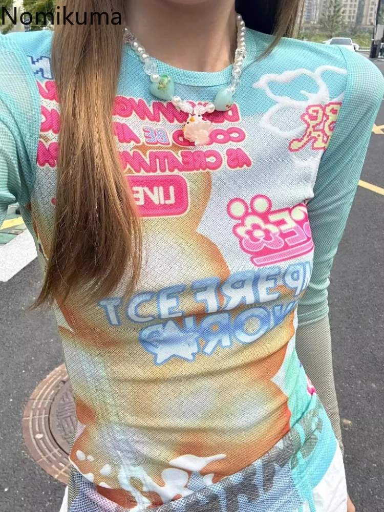 Streetwear Y2k Tshirts 2025 Women Clothing Long Sleeve Slim Fit Tees Fashion Summer Crop Tops Cartoon Casual Gradient Tshirts