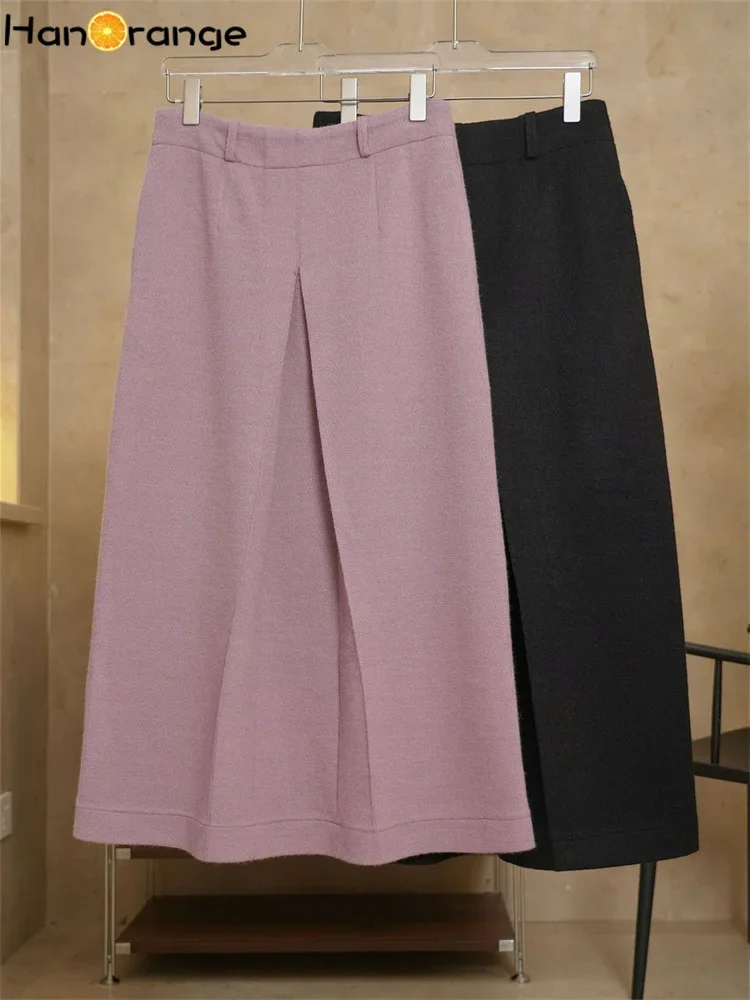 HanOrange 2024 Winter Fashion Modern Woolen High Waist Split Skirt Warm A-line Long Skirt Black/Purple