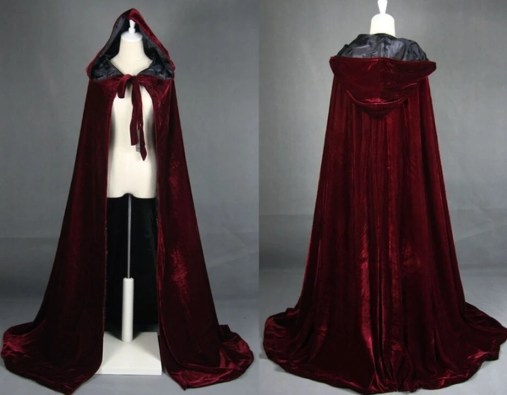 

Halloween Hooded Cloak Wine Velvet Cloak Christmas Cloak Wedding Cape custom Size womens coats and capes