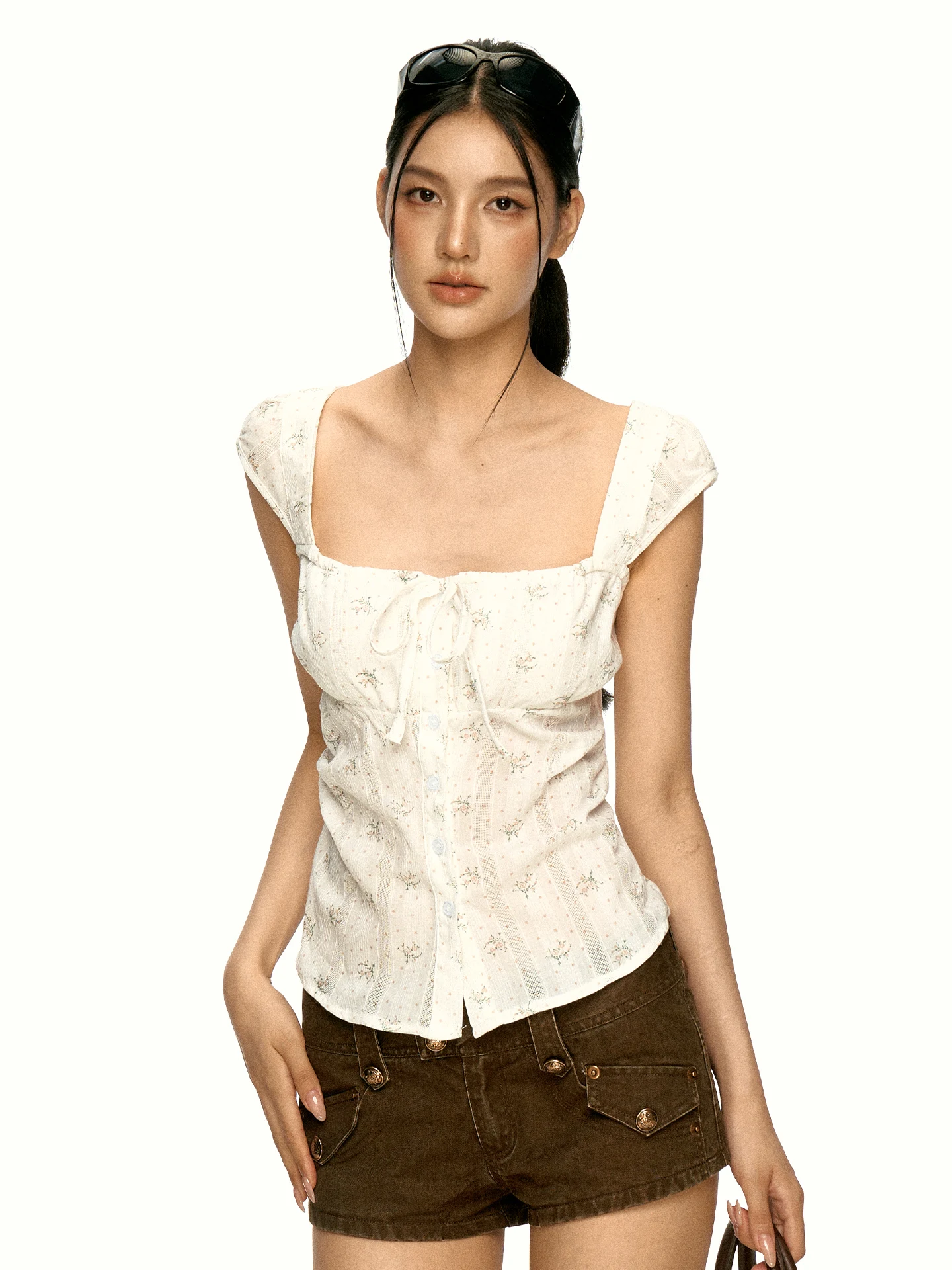 Aaisup Sweet Floral Pure Cotton Slim Fit Women's Vest Summer Belted Strap Top Square Collar Halter Style Floral Print