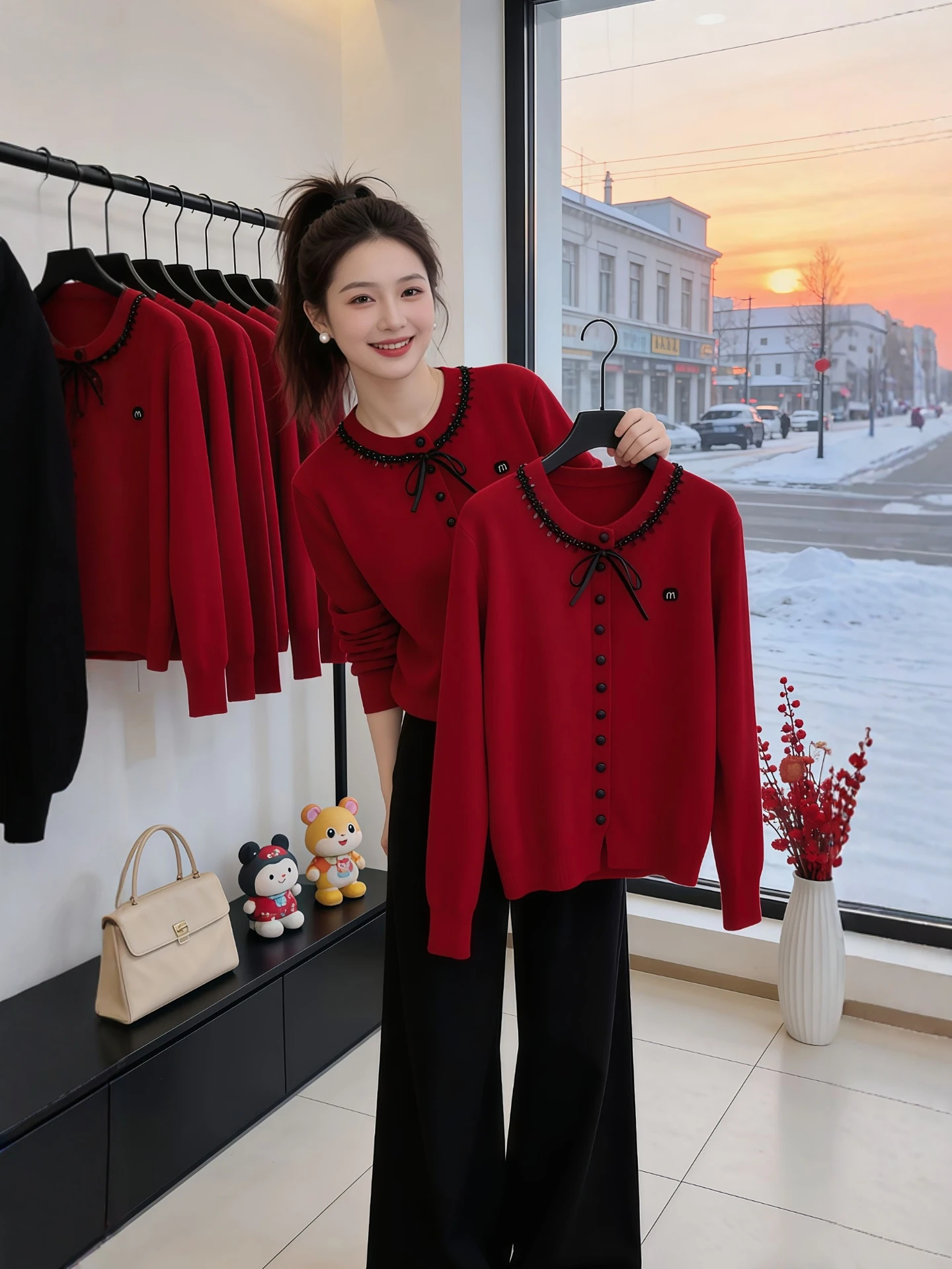 

Red Knitted Sweater Top Women's Faionable Korean Sle New Year plus Size Beautiful Cardigan Long Sve Casual Loose Fit