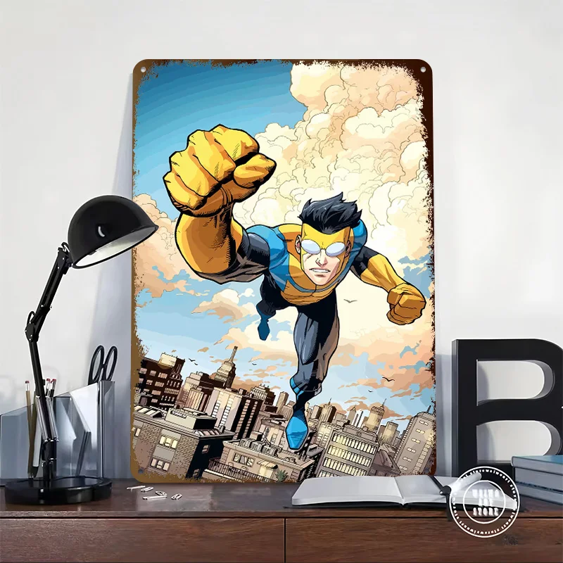 Invincible Flying Over City Metal Poster Customized Wall Art Retro Vintage Metal Signs for Man Cave Mancave Decoration Gaming