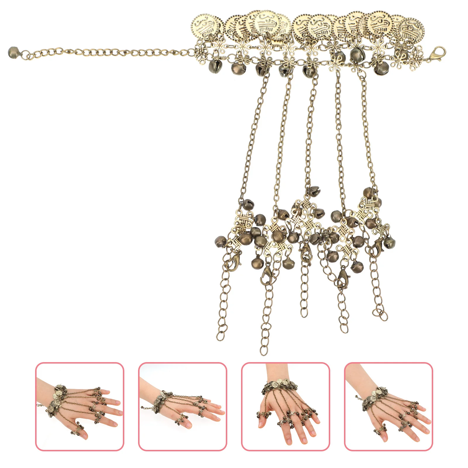 

Vintage Women Ring Bracelet Bell Chain Delicate Dancing Wrist Jewelry Belly Dance Party Hand Decoration Ring Bracelet Hand Chain